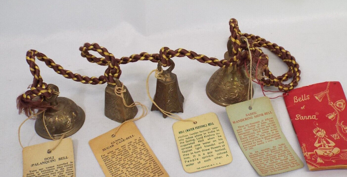 Vintage 1950s Etched Brass Bells of Sarna India 4 Different Bells Original Tags