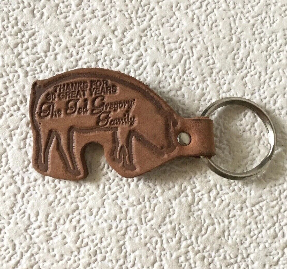 Vintage Keychain TED GREGORY FAMILY Key Ring Pig Shaped Fob THE RIBS KING 🐖