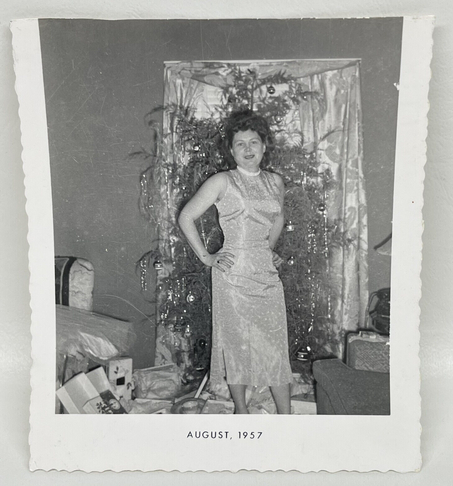 Vtg 1950s Found Photo Fashionable Woman Posed in Front of Christmas Tree