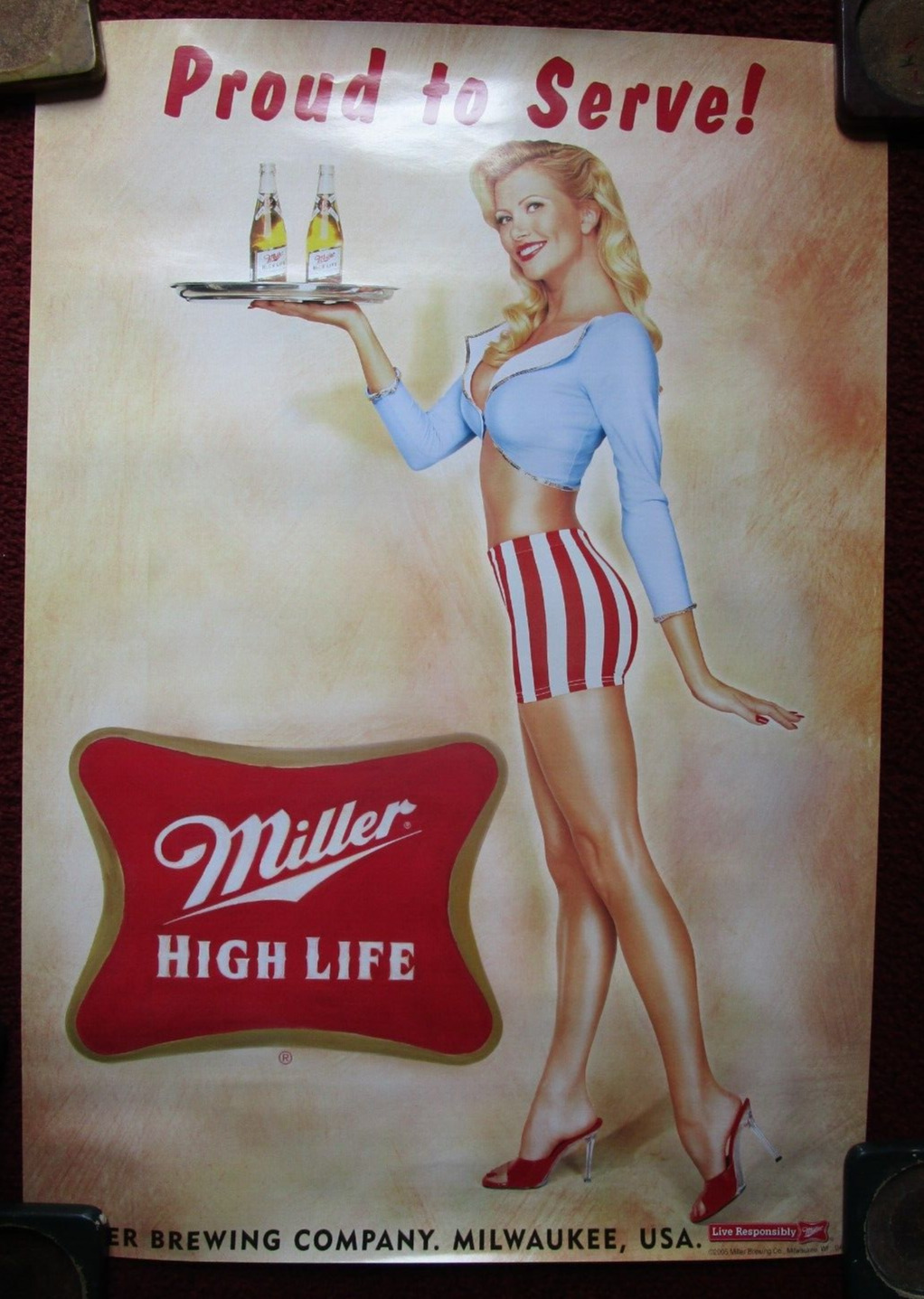 Sexy Girl Beer Poster ~ 2005 MILLER HIGH LIFE \'Proud to Serve\' Waitress ART