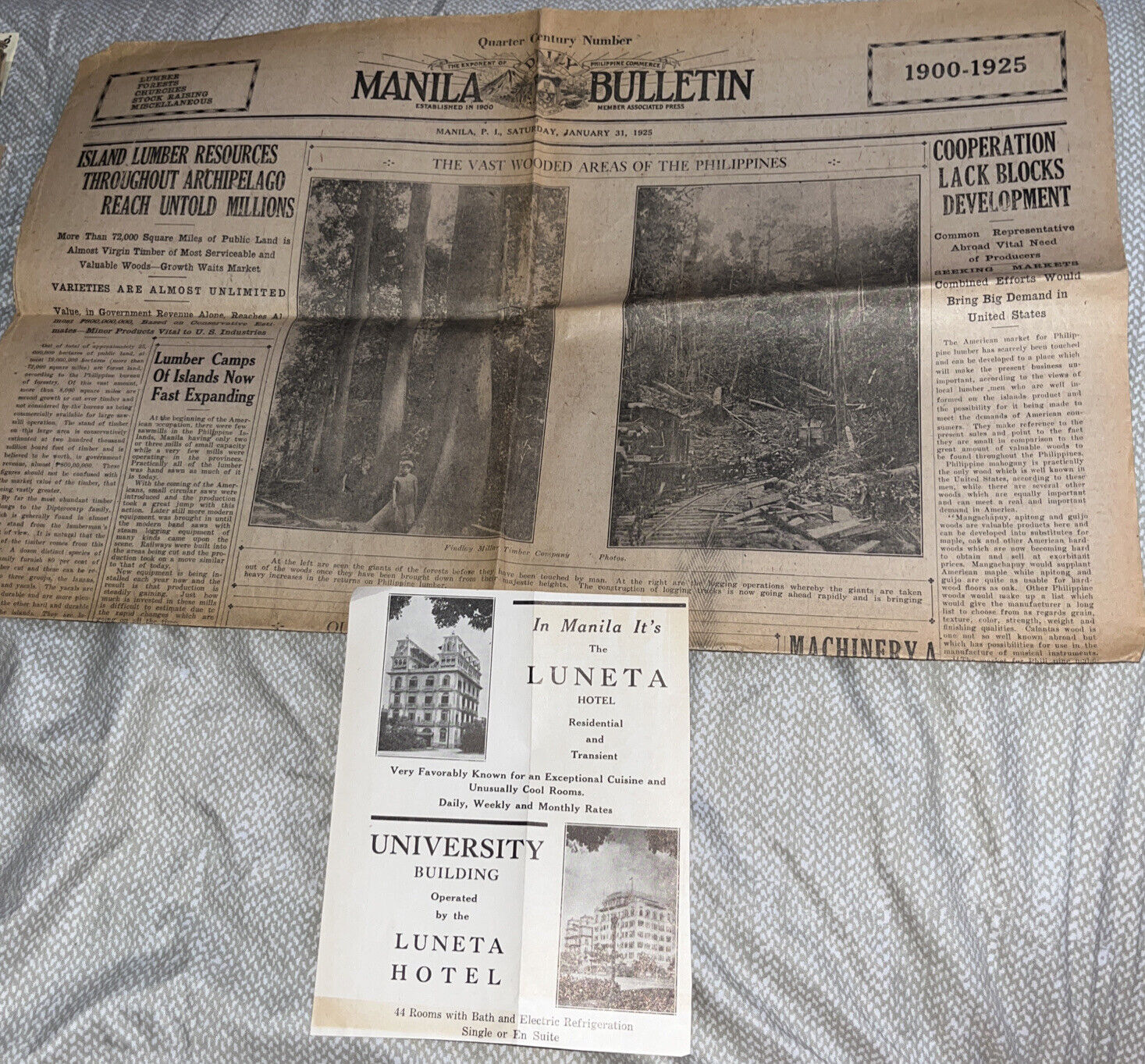 Antique 1925 Manila Bulletin Newspaper Front Page & Luneta Hotel Advertisement