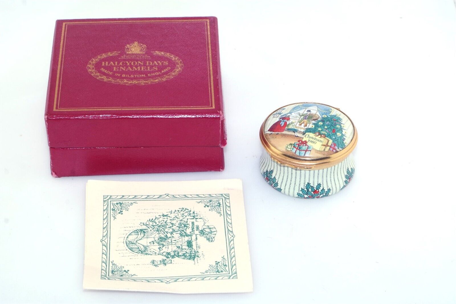 Halcyon Days Enamel Christmas 1980 Trinket Box w Papers Waiting for the Postman