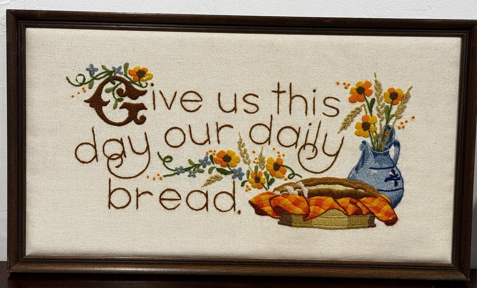 Vintage Crewel Embroidery Give Us This Day Our Daily Bread 12 x 22 Framed