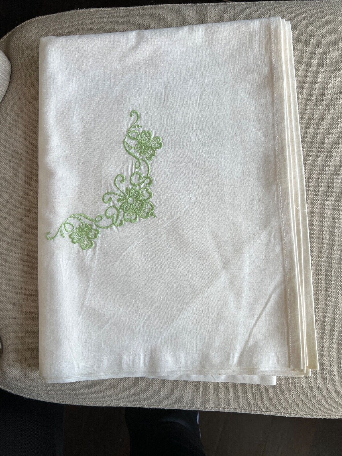 Vintage 100% Cotton Flat Sheet with GreenEmbroidery Made in Moldova