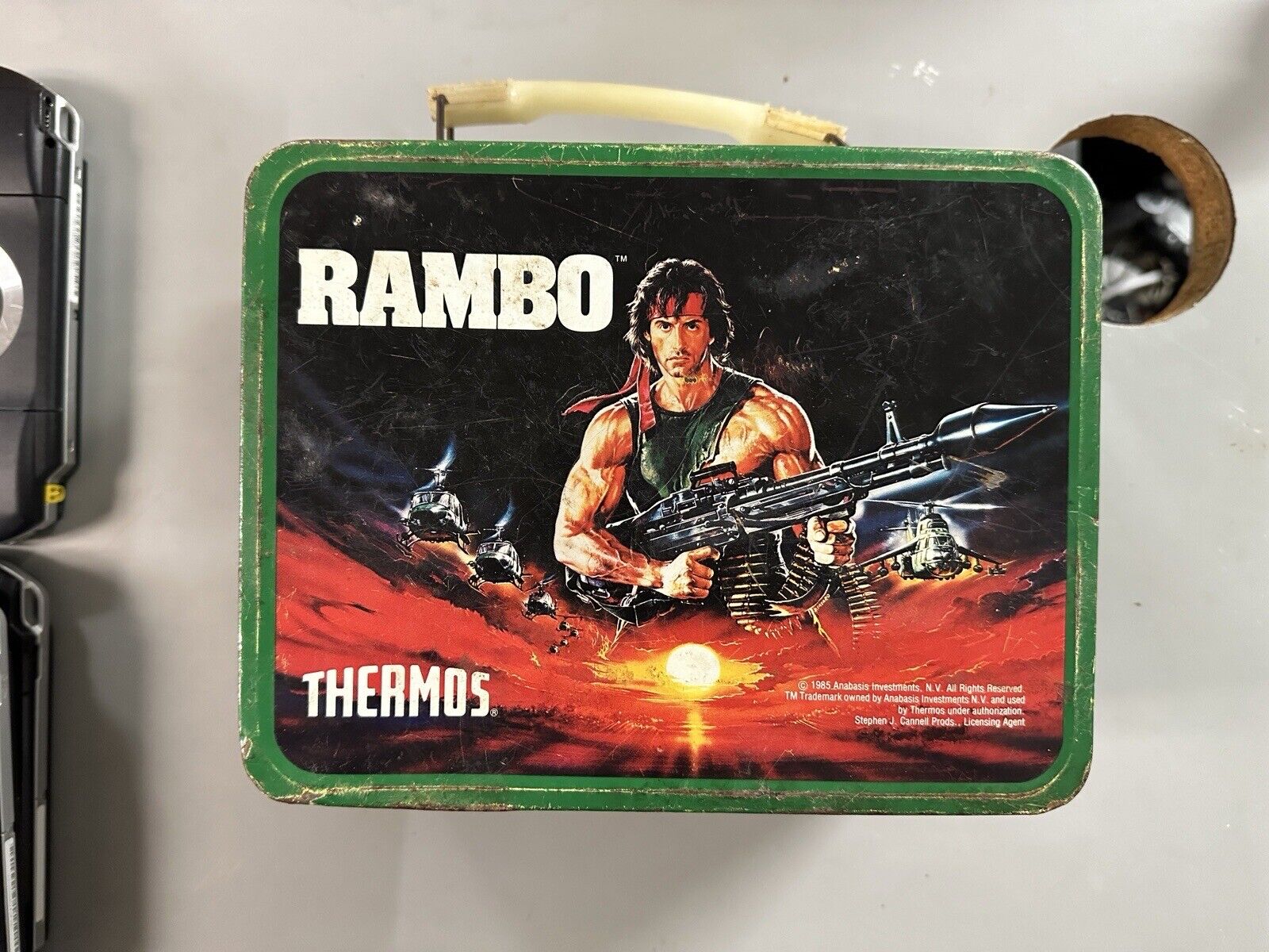 Sylvester Stallone Vintage Thermos 1985 Rambo Tin Metal Lunchbox Lunch Box