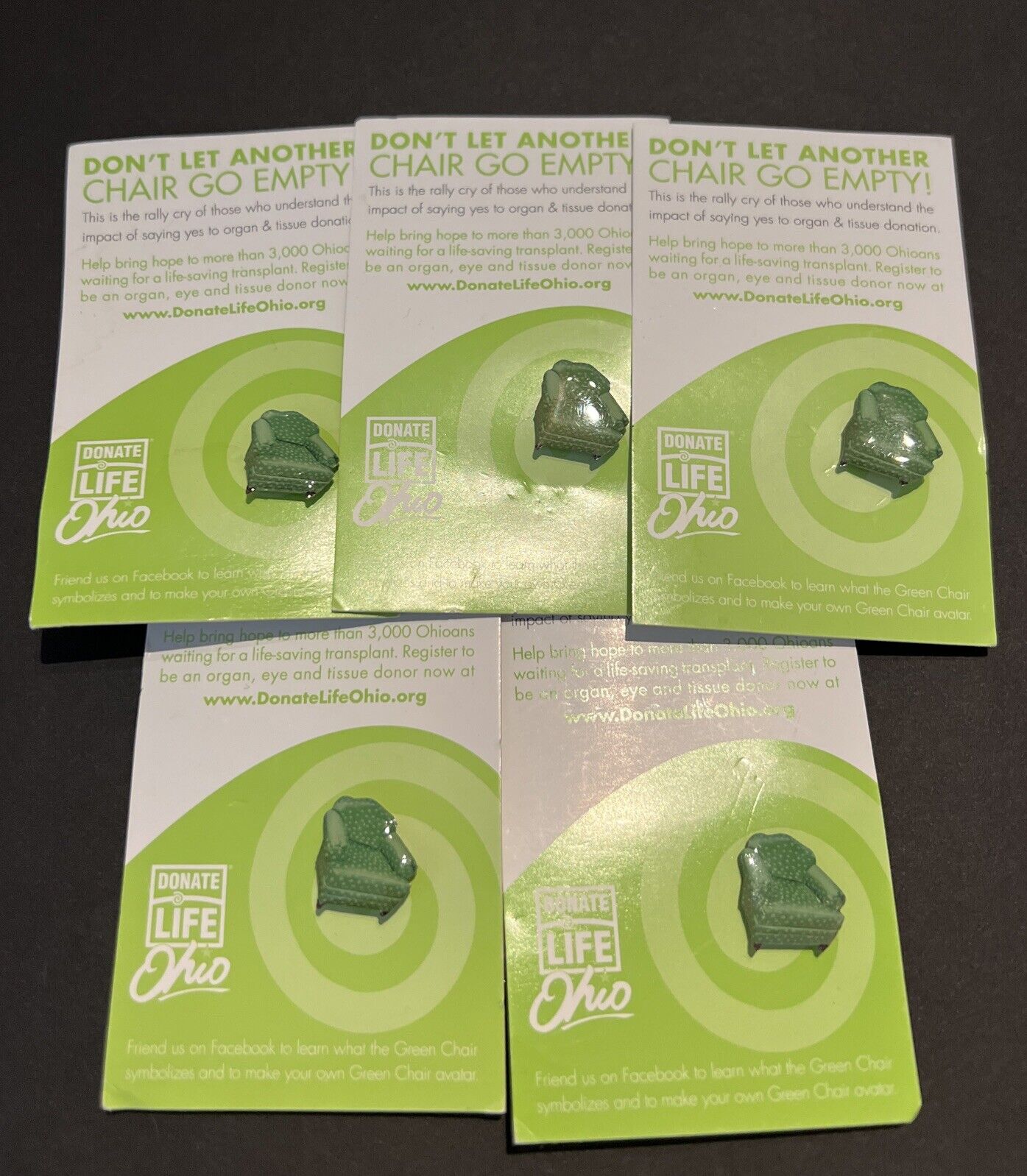 LOT OF 5 DONATE LIFE Ohio Lapel Pin Don\'t Let Another Chair Go Empty NEW