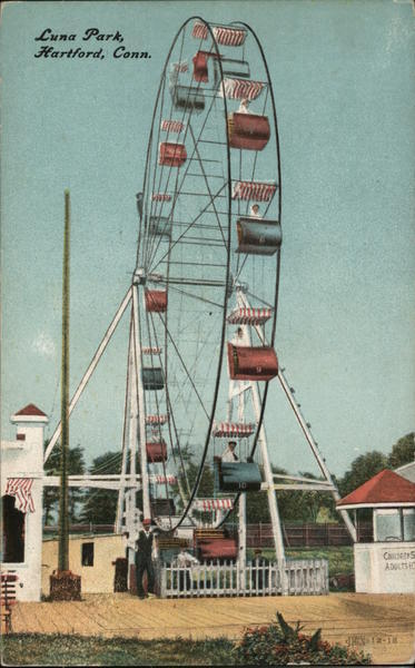 1908 Hartford,CT Ferris Wheel,Luna Park Amusement Park Connecticut Postcard