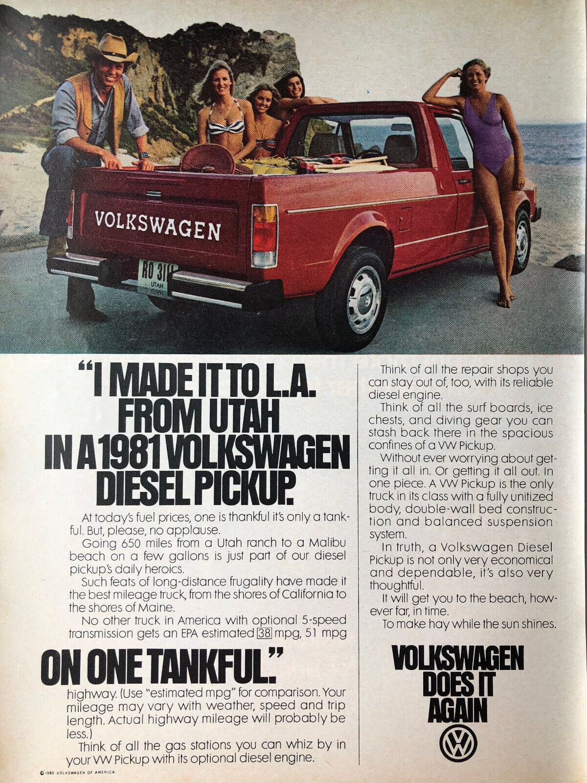 1980 Vintage Volkswagen Pickup original color ad A093