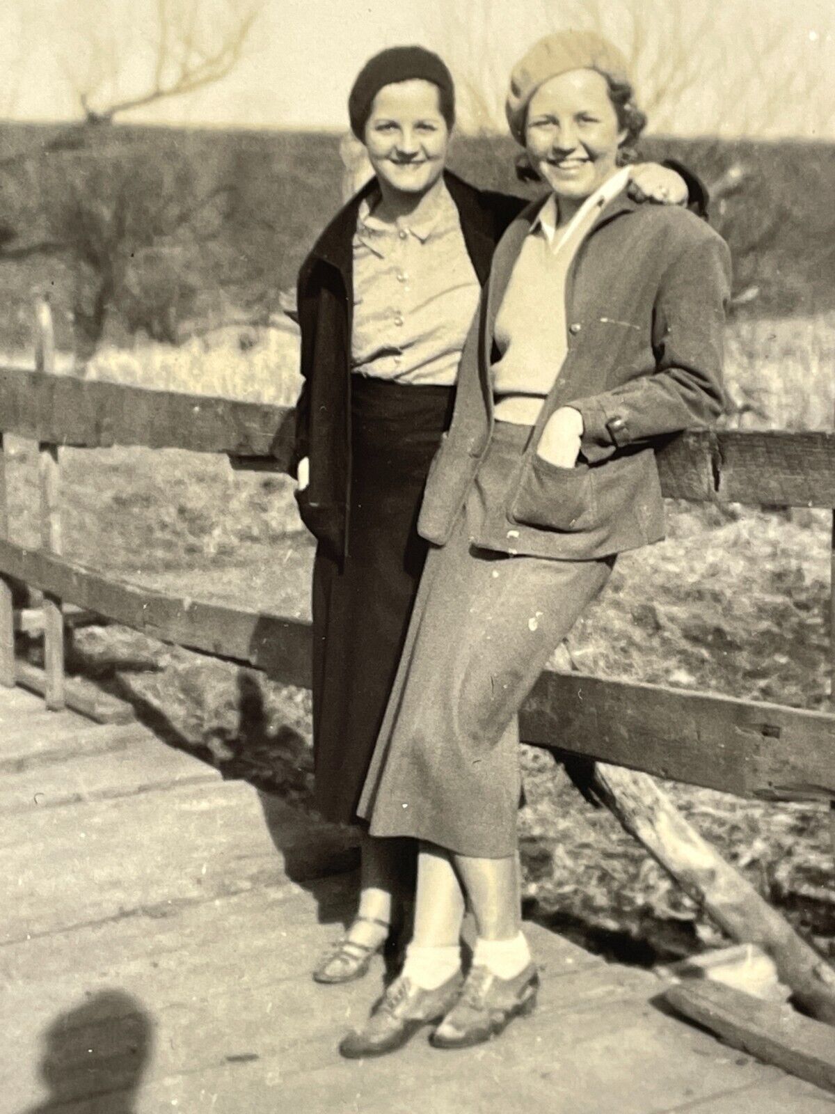 PA Photograph Two Pretty Woman Lovely Ladies Hug Embrace Old Wood Bridge 1930\'s