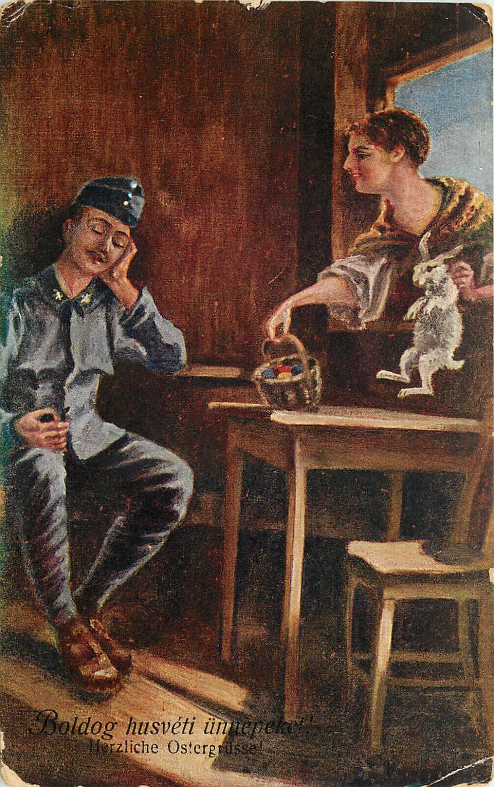 WWI Easter Postcard Austro Hungarian Woman Brings Rabibit and Eggs To Soldier