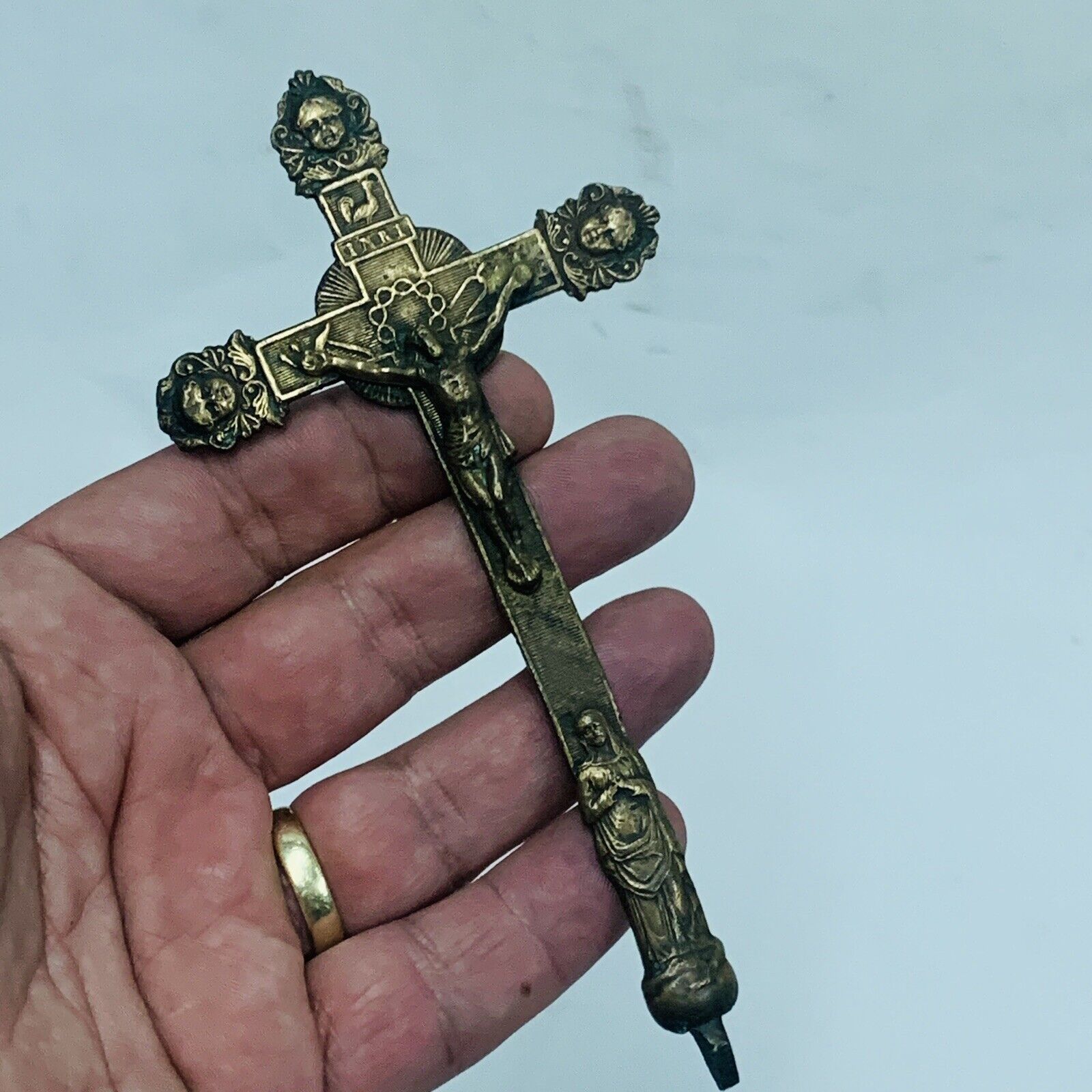 antique 18th century ornate yellow metal religious Jesus Christ crucifix cross
