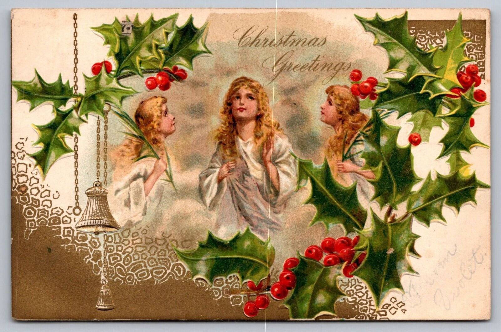 Christmas Greetings Antique Embossed Postcard c1906 w/ Depiction of Angels