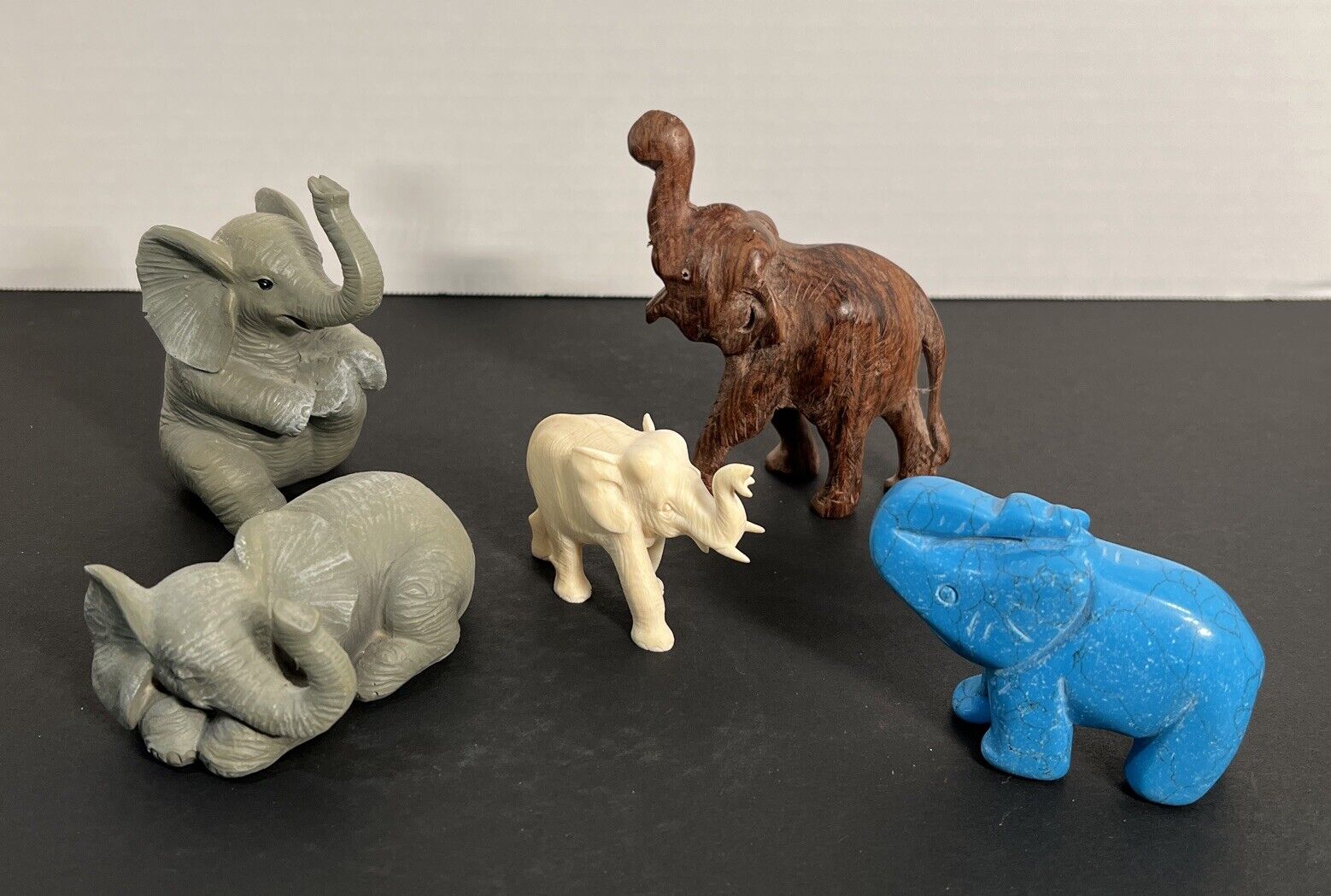 Lot Of 5 Vintage Elephant Figurines Turquoise Stone, Wood & Resin EUC