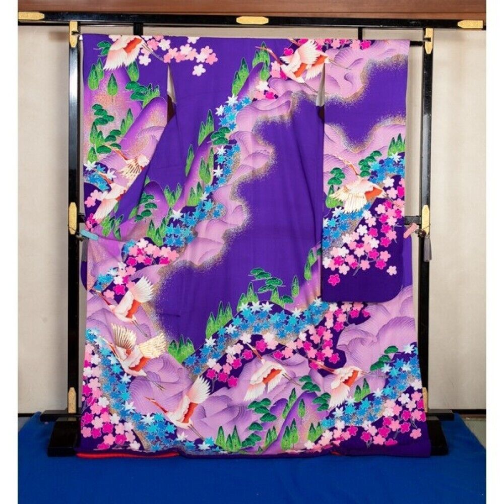 Woman Japanese Kimono Furisode Silk Flower purple mountain crane from japan