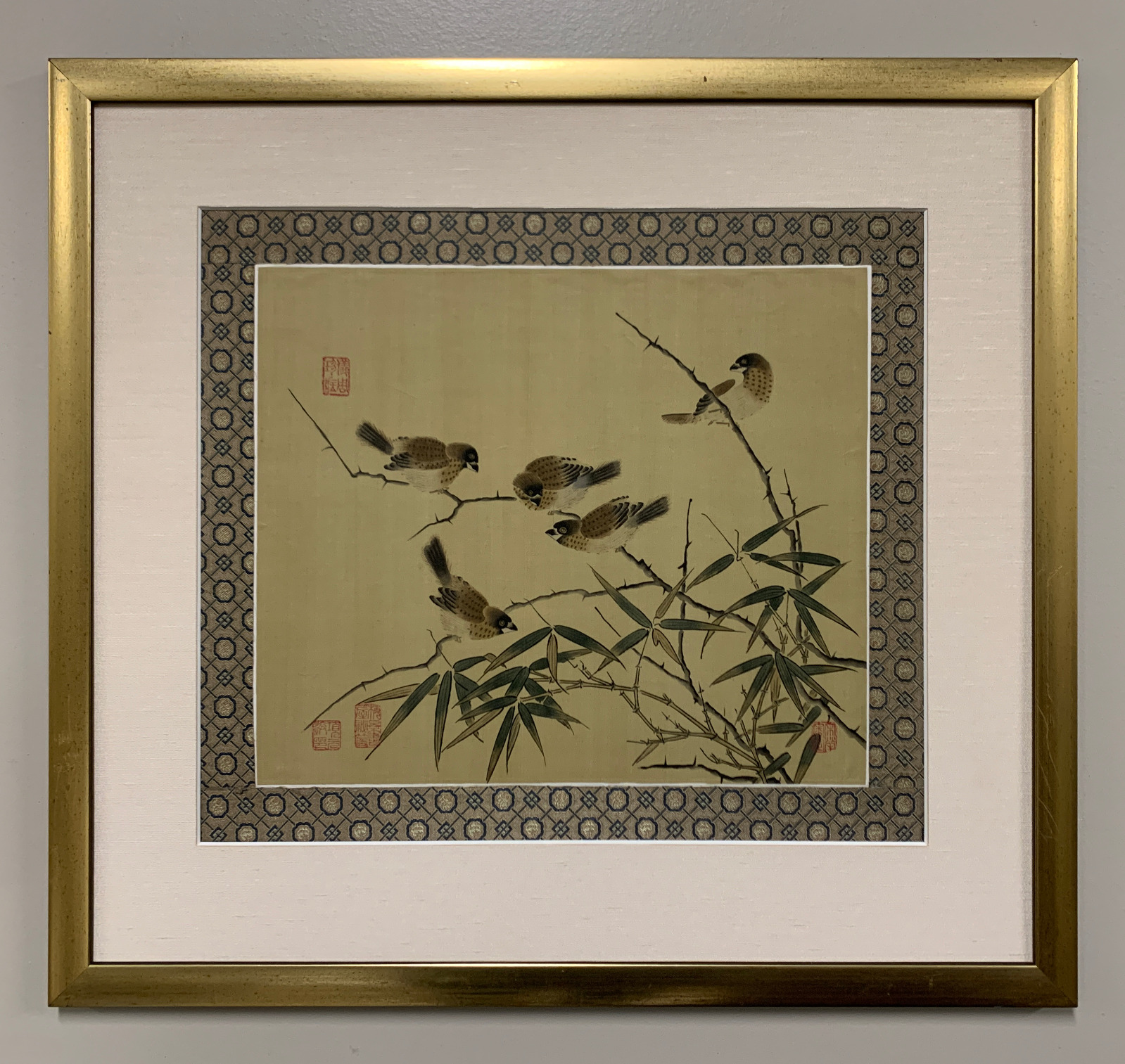 A Chinese Framed Wall Art Painting Classical Style Signed With Birds on Bamboo