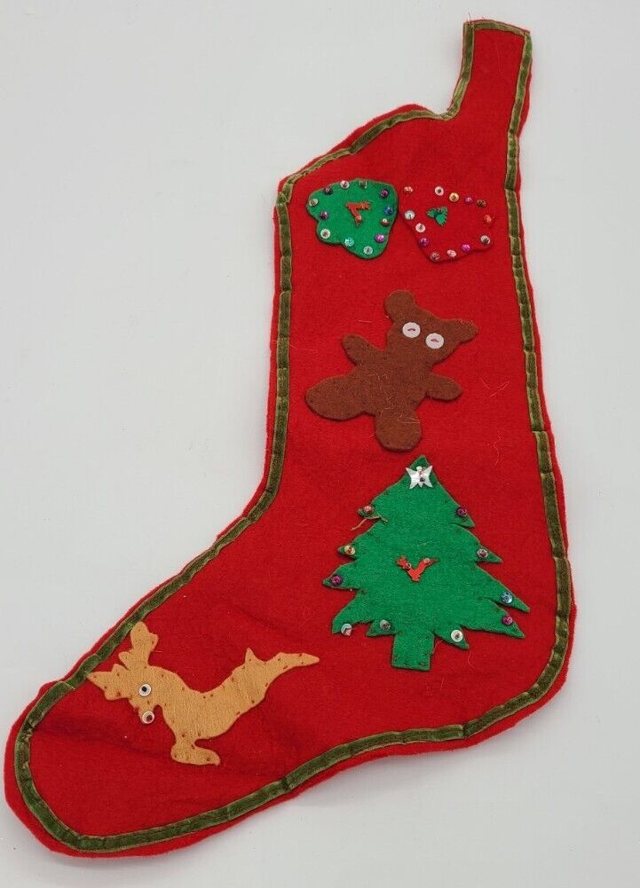 Vintage Felt Handmade Christmas Stocking Red Felt Embellished 21\