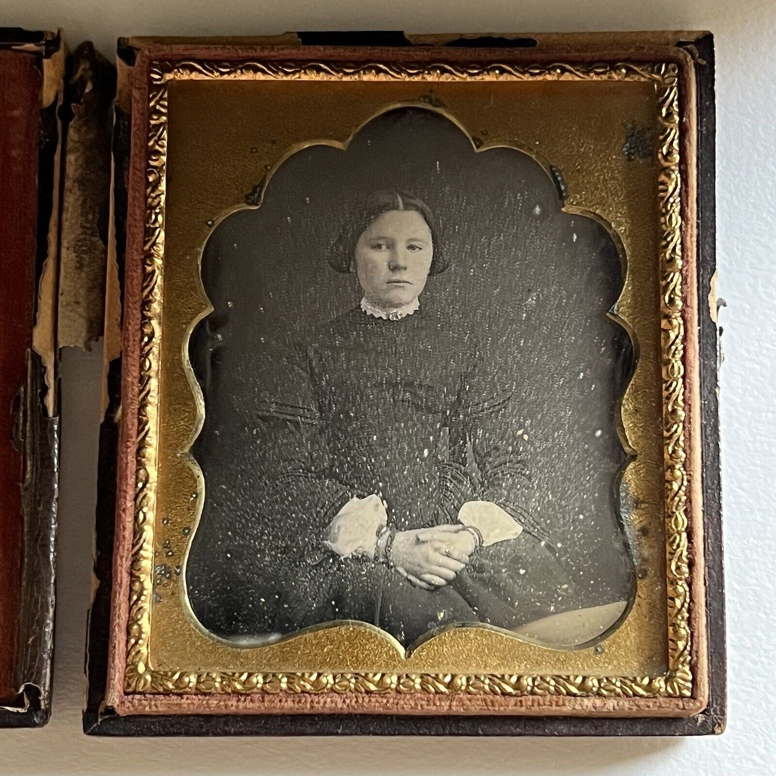 Antique Daguerreotype Photograph Lovely Modest Young Woman Clasped Hands