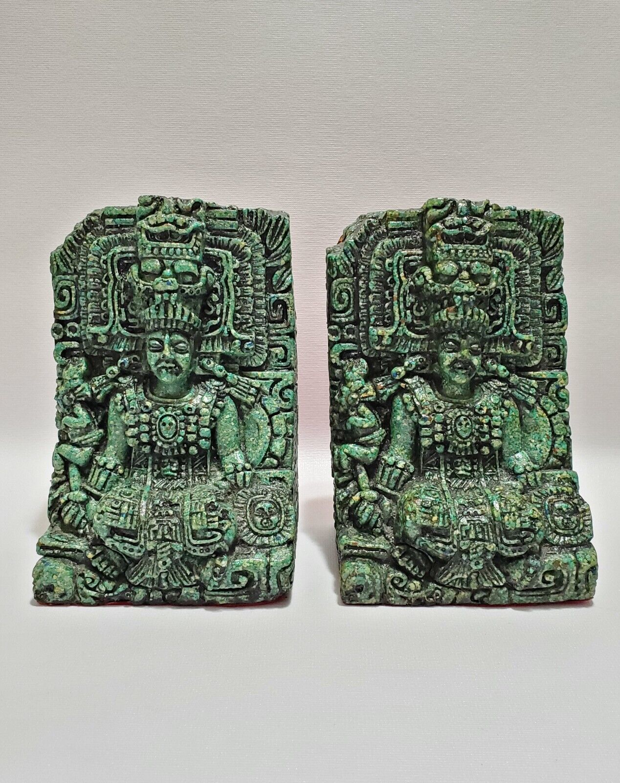 Vintage 1960s Crushed Malachite, Green Stone, Aztec, Mayan Art Bookends, Mexico