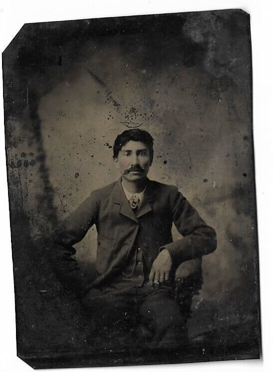 Tintype Photograph Two Man Seated Posing Chair  Visible Watch Chain