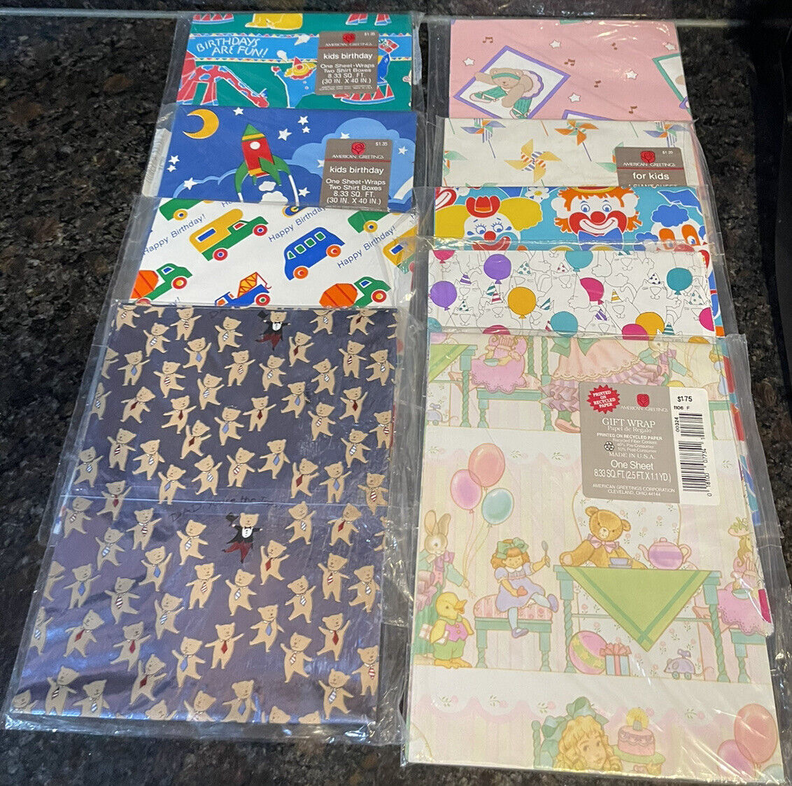Vtg  American Greetings Gift Wrap 9 Sheets for Kids Bears,Clowns, Pinwheels.....