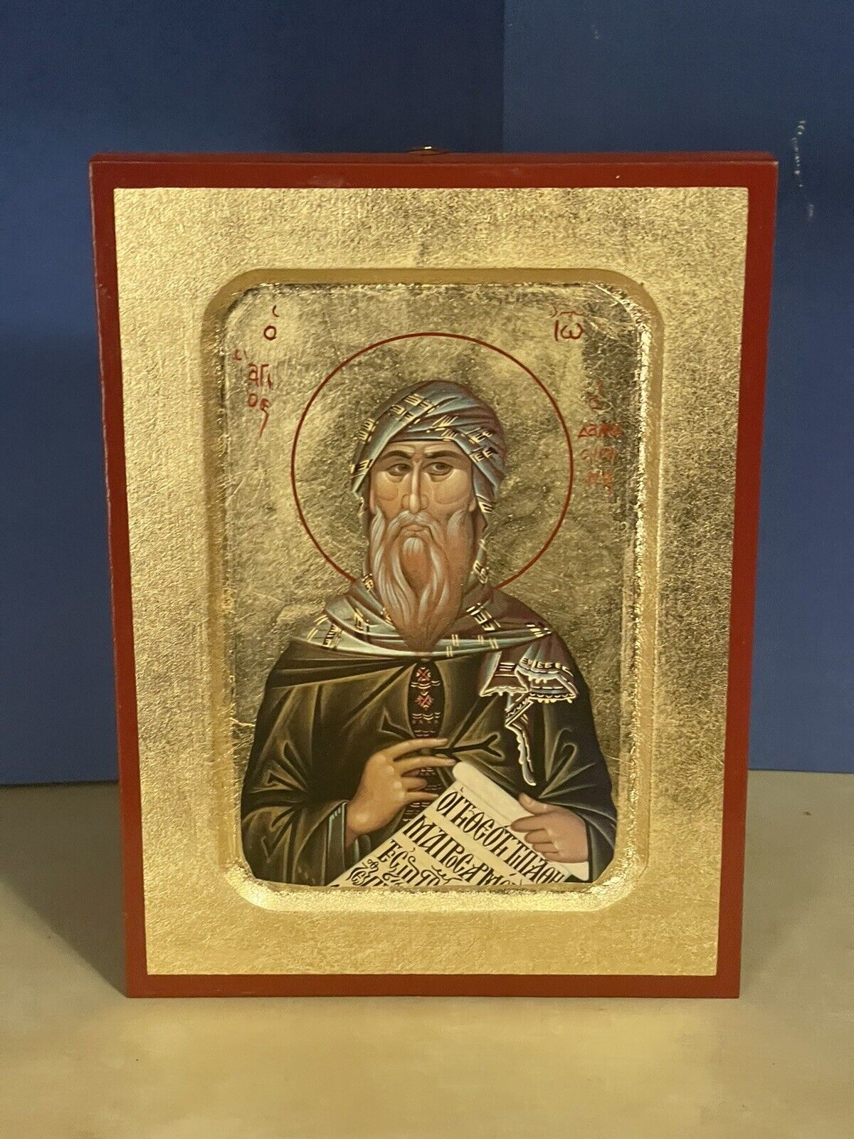Saint John of Damascus-GREEK RUSSIAN WOODEN ICON,CARVED WITH GOLD LEAVES 6x8 in