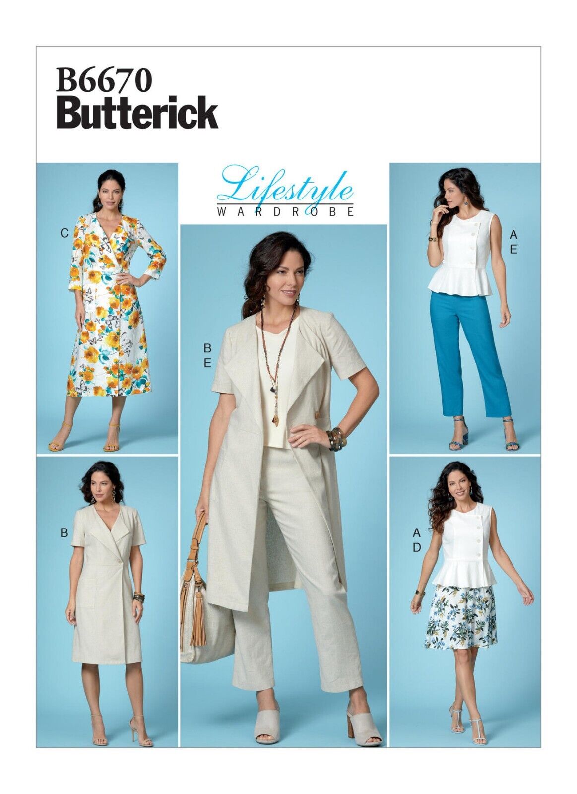 Butterick Wardrobe Pattern B6670 Dress Duster Skirt Top Pants Size 14-22 Uncut
