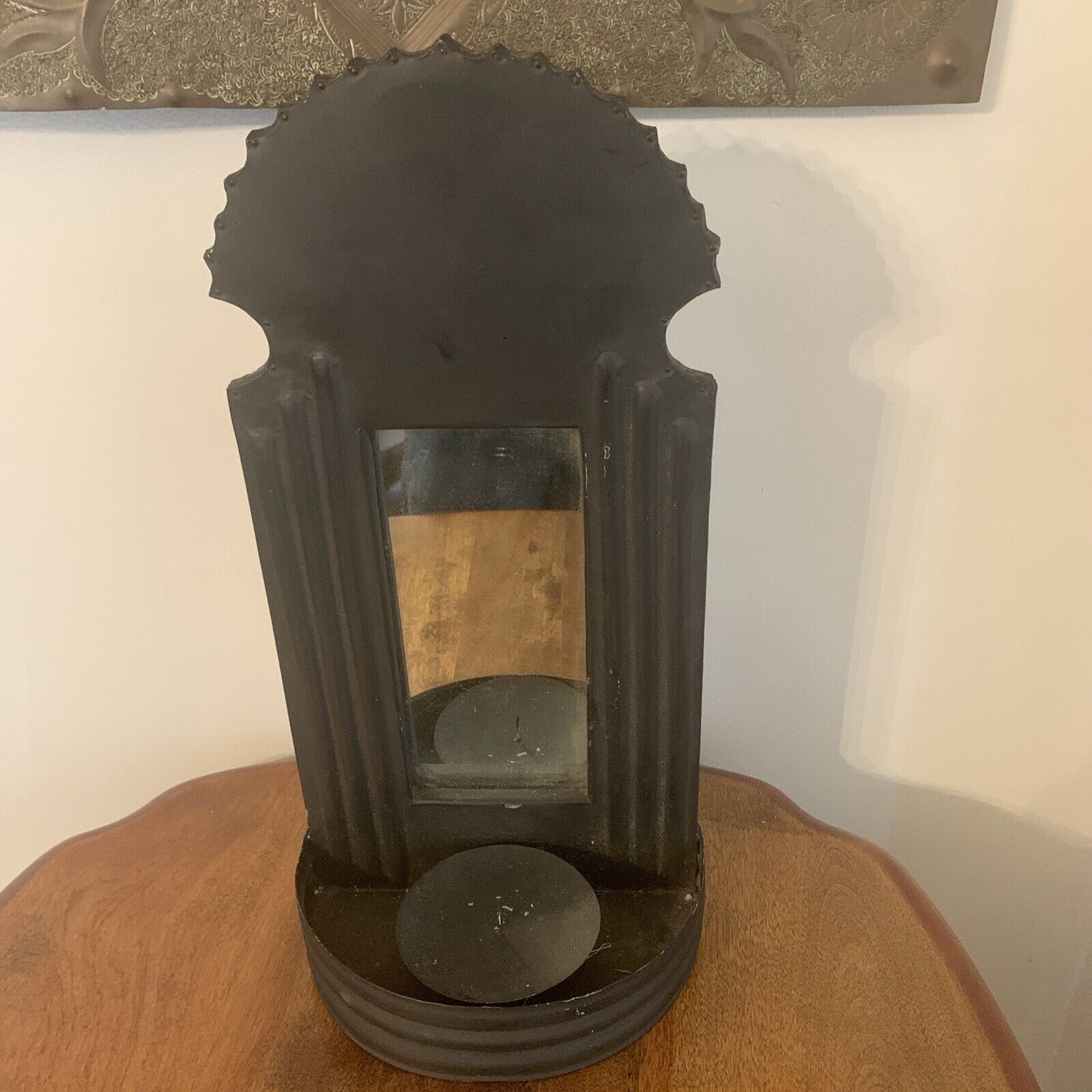 Tin Metal Sconce Candle Holder with Mirror Wall Mounted With Black Finish 18”