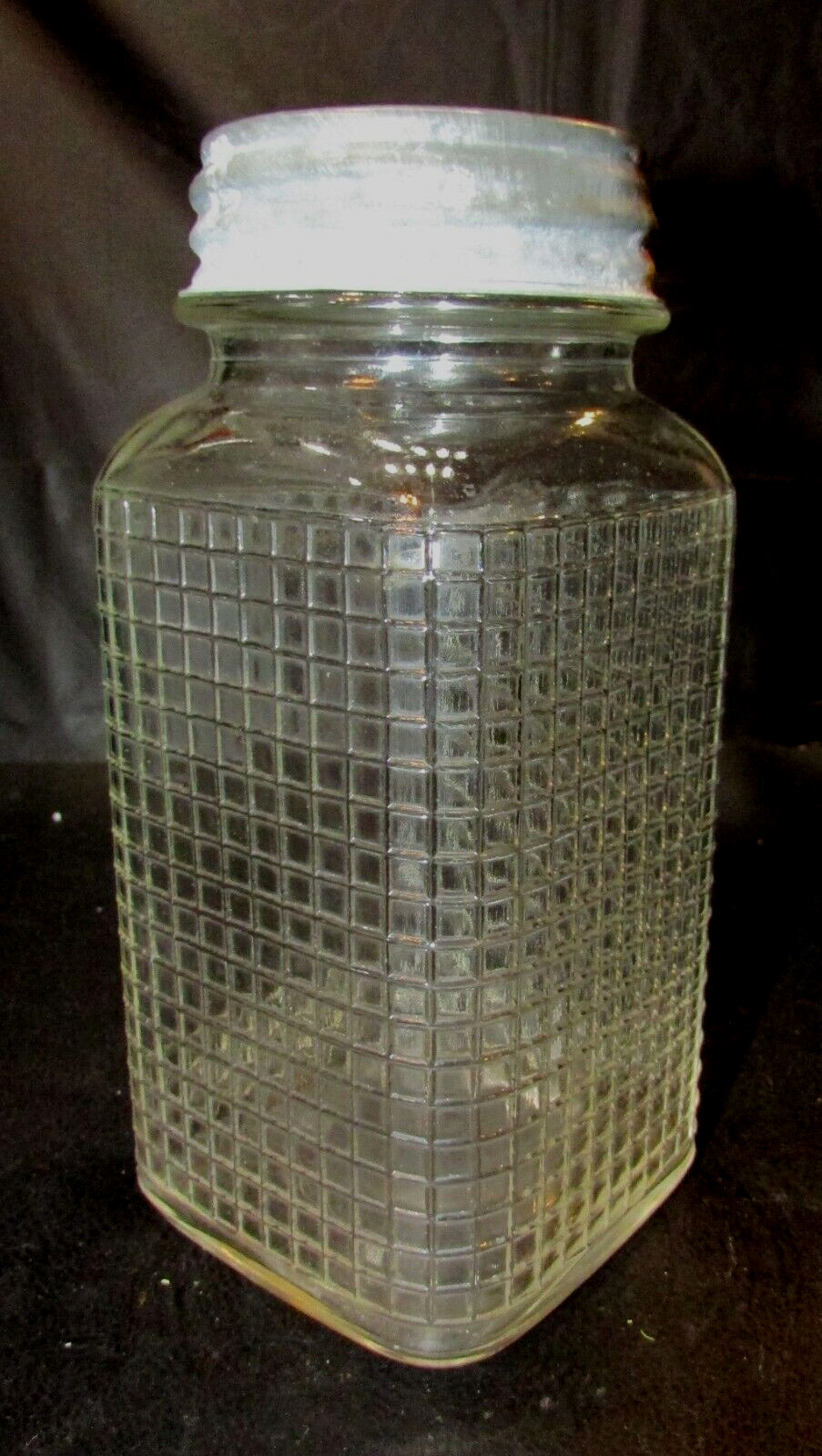 Old 1920s Clear Waffle Checked Glass Antique One Quart Canning Jar w Zinc Lid