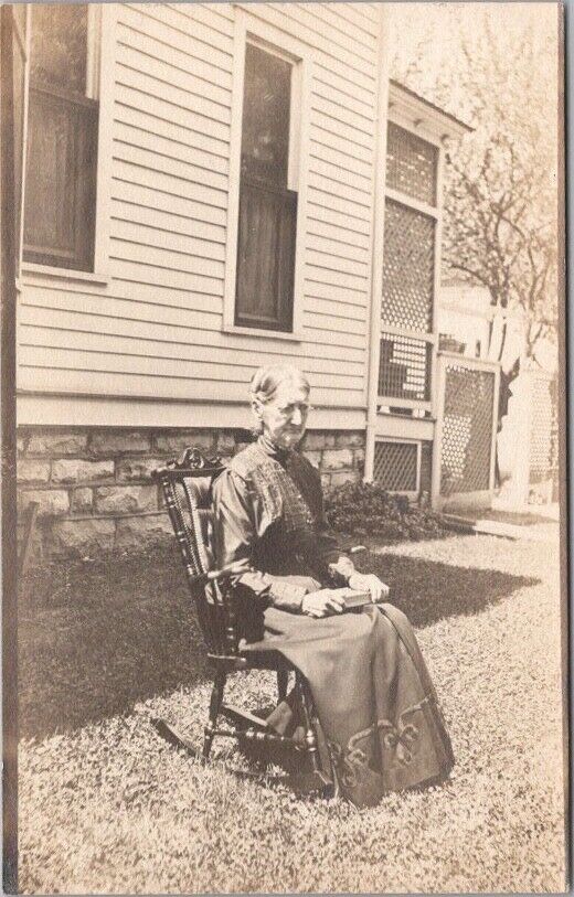 Vintage RPPC Real Photo Postcard Older Woman in Rocking Chair on House Lawn