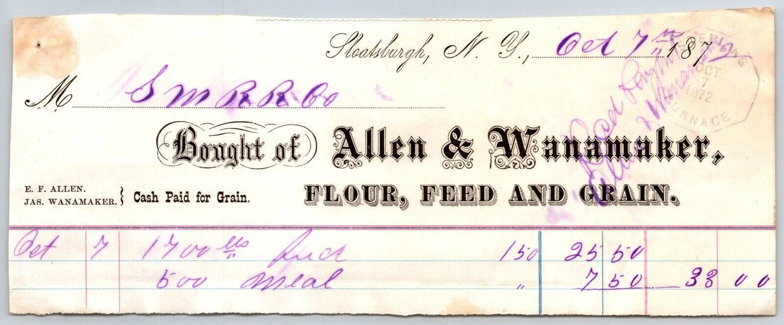 Sloatsburgh, NY Allen & Wanamaker Co. 1872 Billhead For: Sterling Railroad