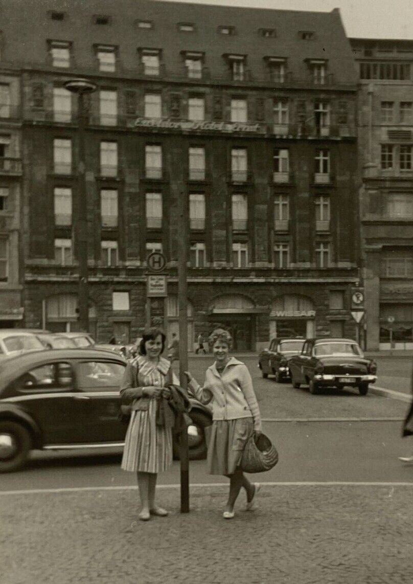Two Women Standing In Front Excelsior Hotel Ernst Koln B&W Photograph 2.75 x 4