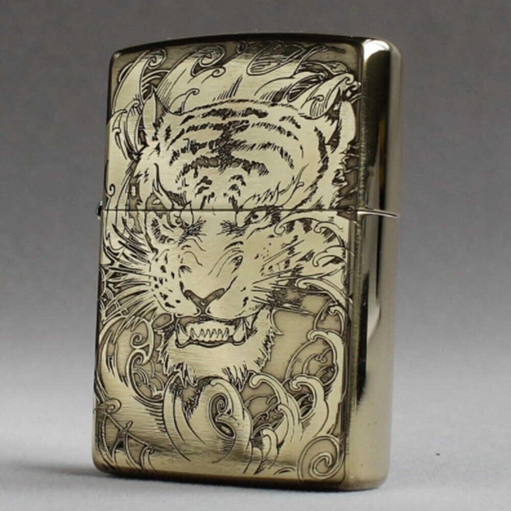 Zippo lighter 167 Armor Brass/ Staring Tiger & Claw 2 Sides Carving Free 3 Gifts