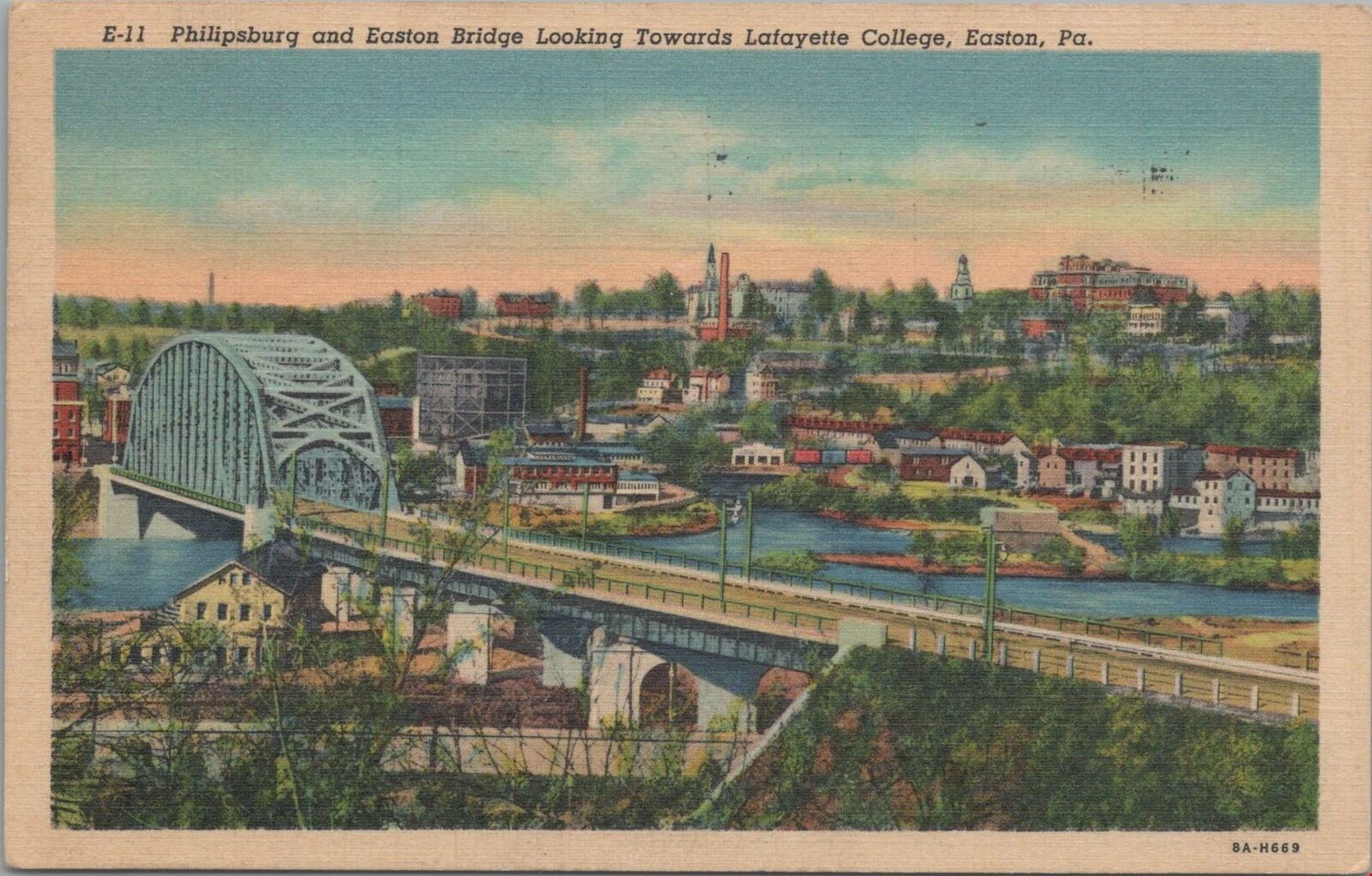 Postcard Philipsburg  Easton Bridge Looking Towards Lafayette College Easton PA