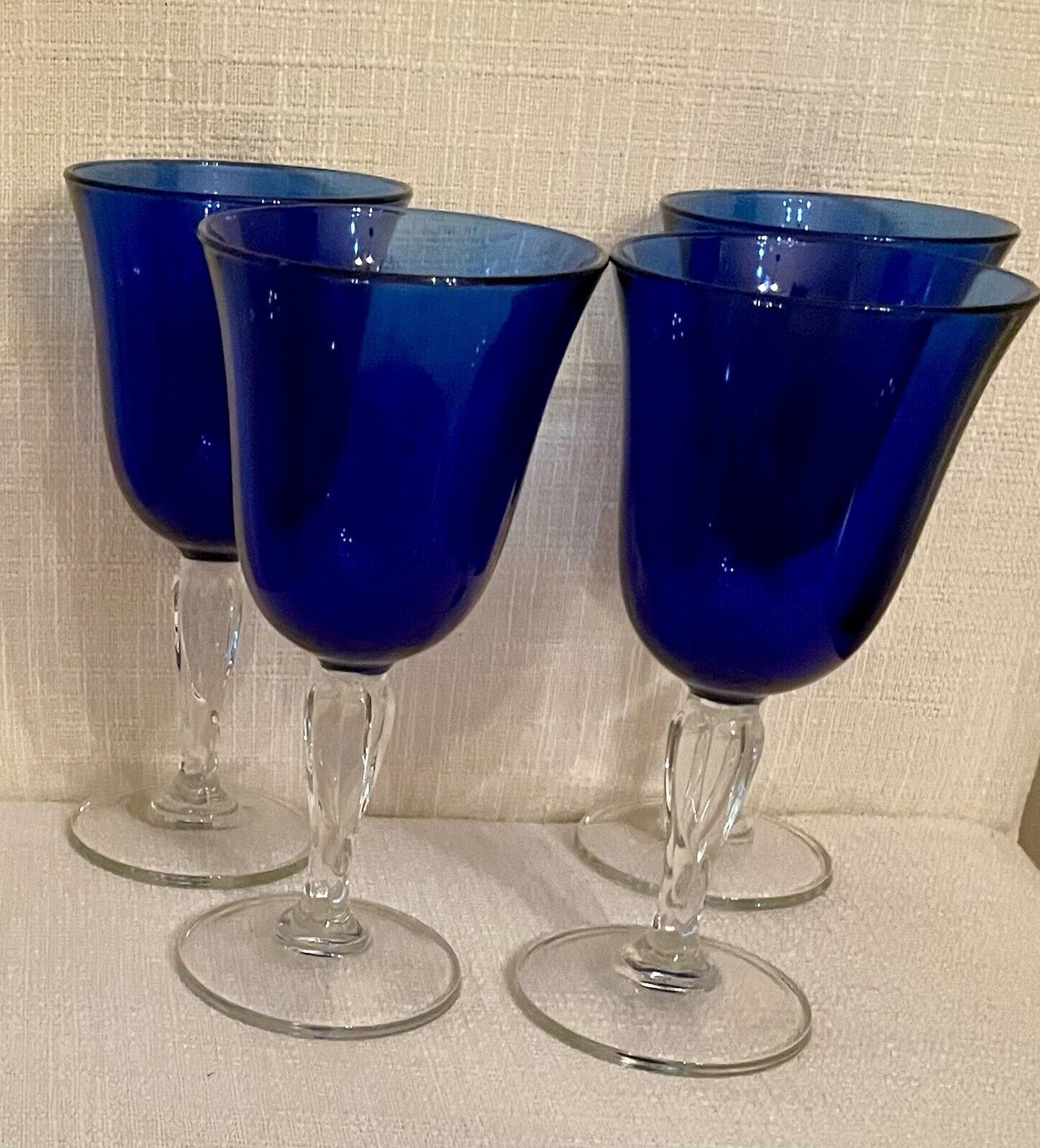 Cobalt Blue Wine Glasses With Clear Twisted Stem. Set Of 4