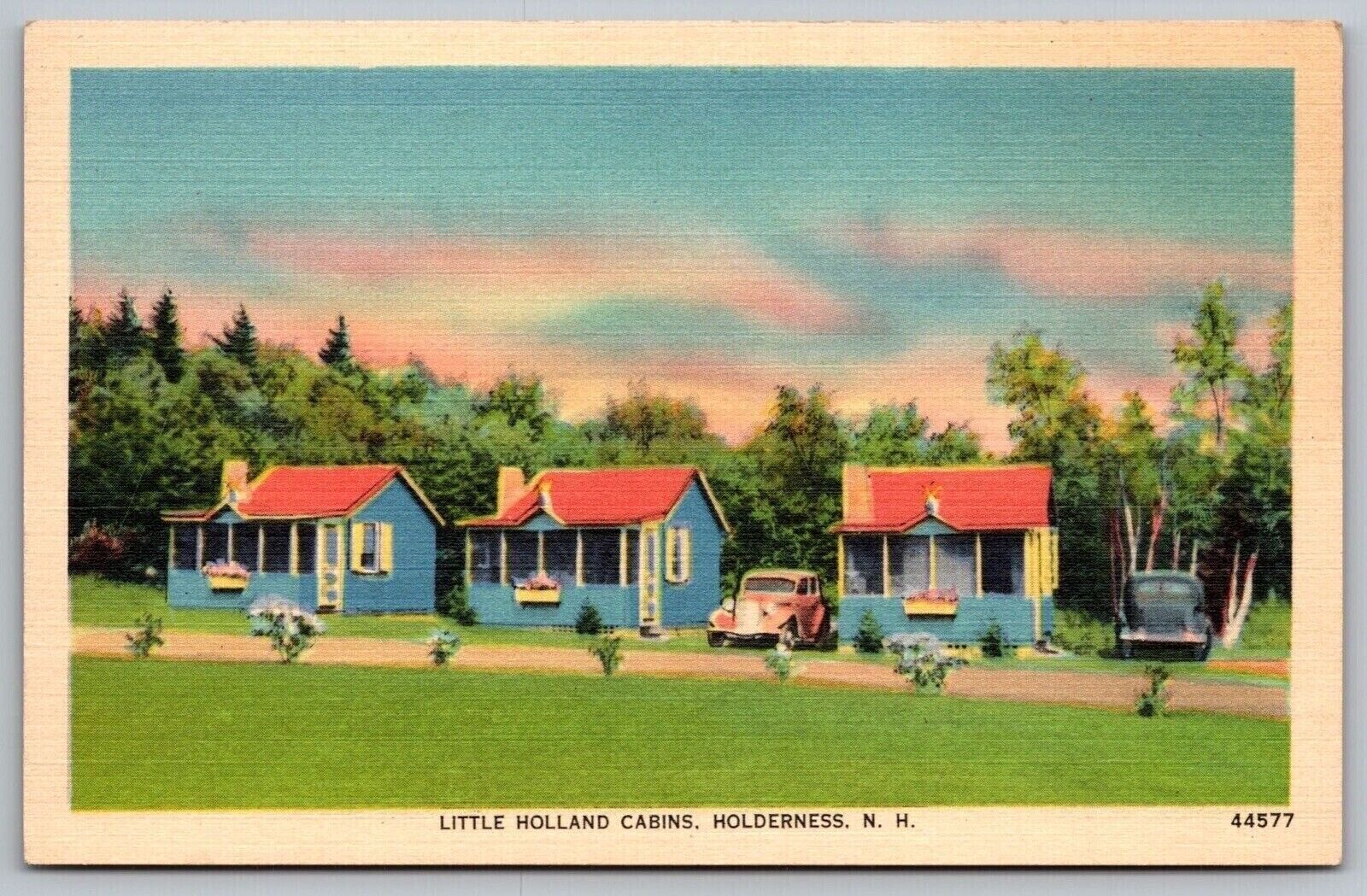 Holderness New Hampshire Little Holland Cabins Old Cars Linen Postcard