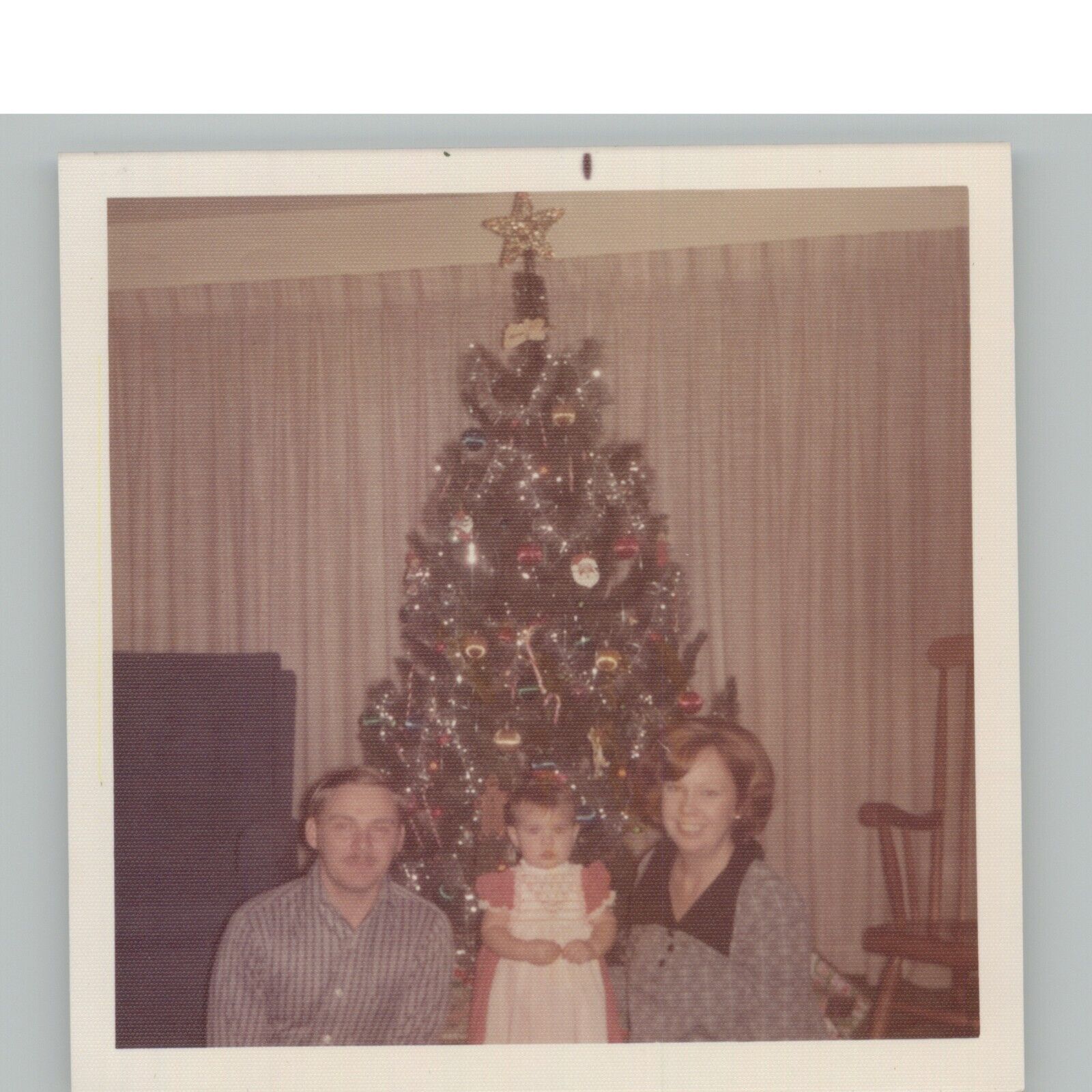 Christmas Toddler Dress Tree Family 1970s VTG FOUND PHOTO SNAPSHOT square 1975