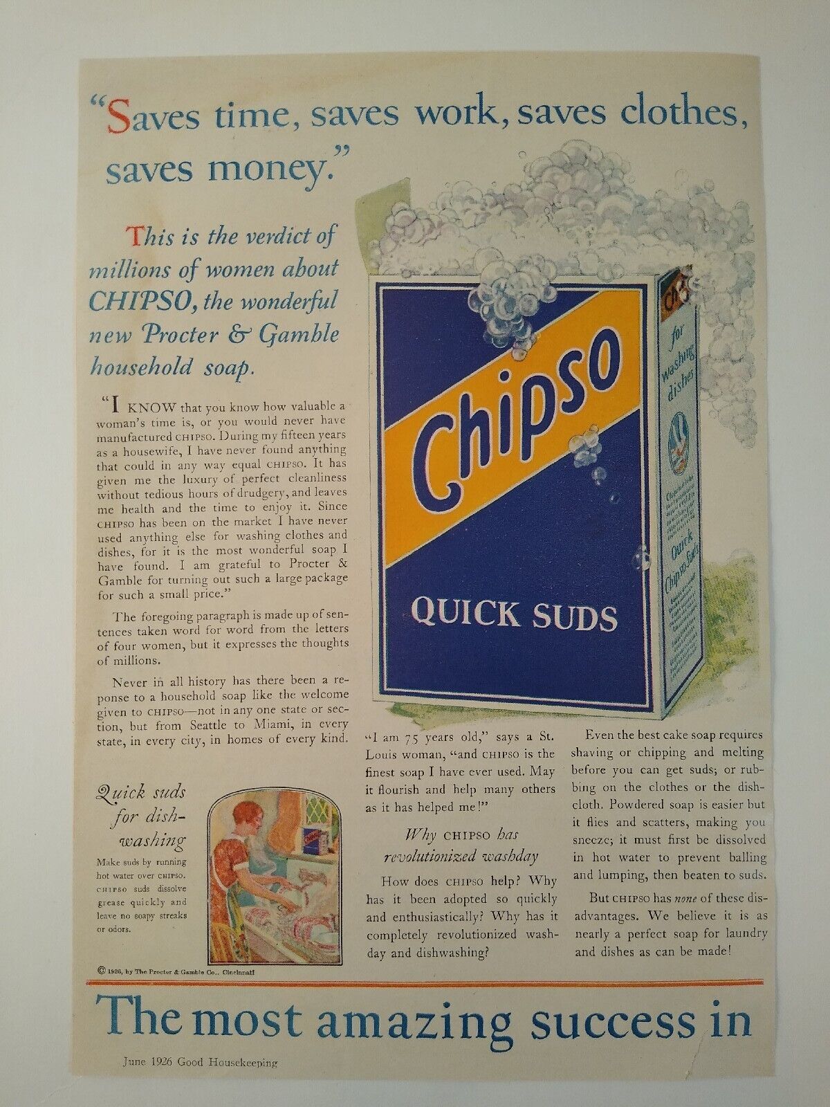 1926 Chipso Quick Suds Procter & Gamble/Servel Refrigeration Vintage Print Ad