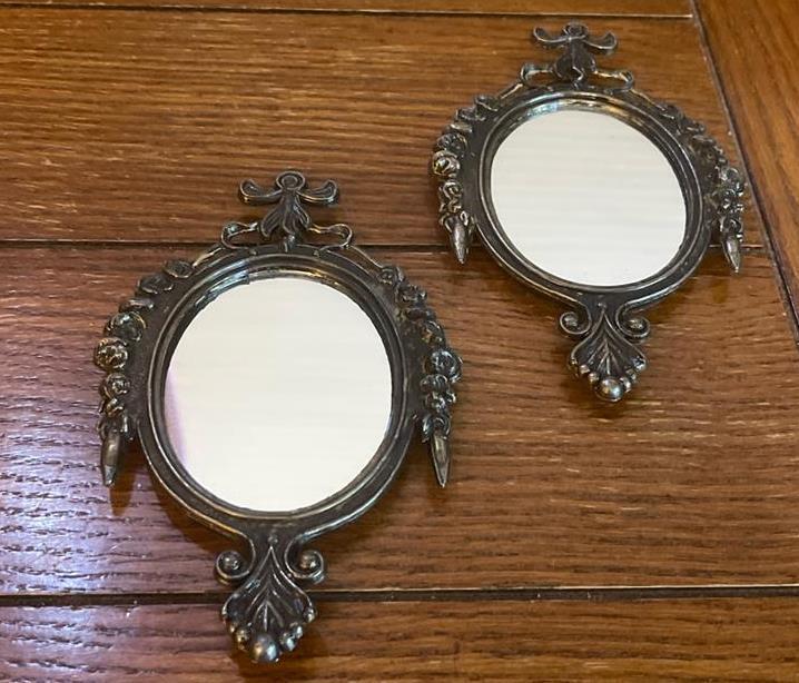 Set 2 Vintage Brass Ornate Oval Mirrors Flowers & Bows Made in Italy Wall Decor