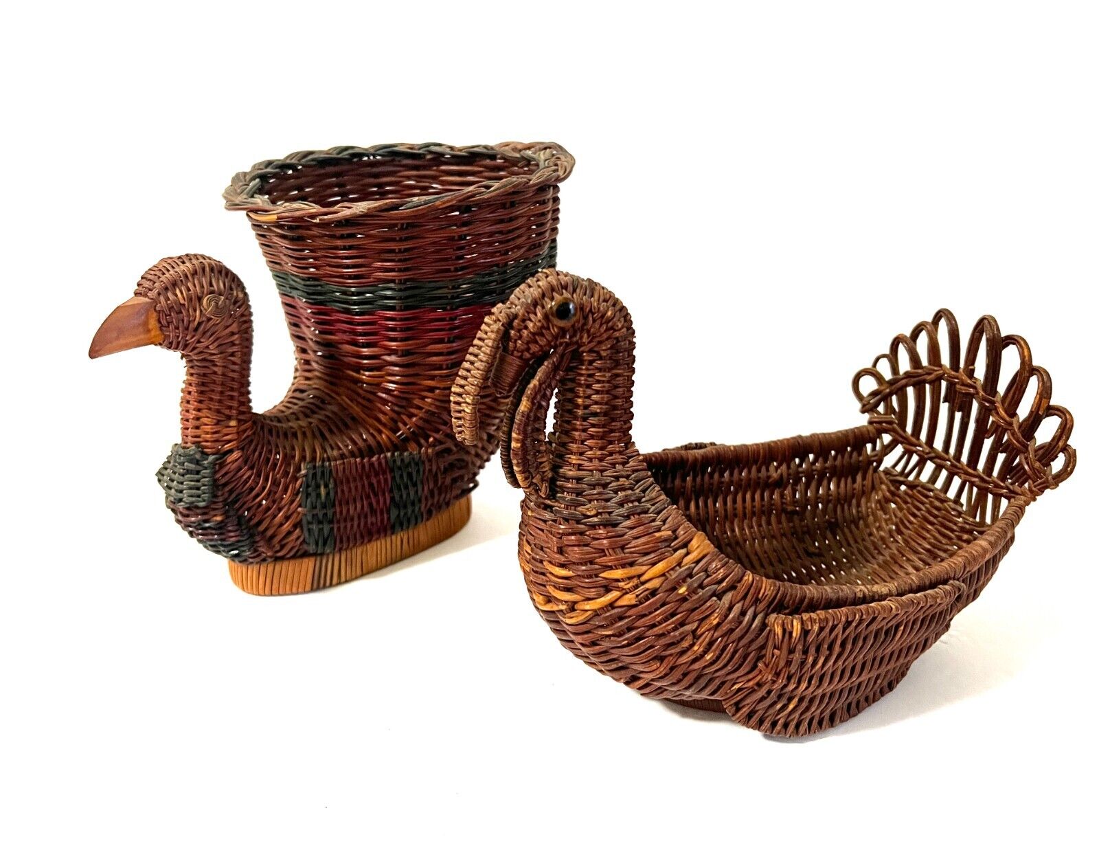 Lot of 2 Vintage Turkey Wicker Rattan Cornucopia Baskets ThanksgivingCenterpiece
