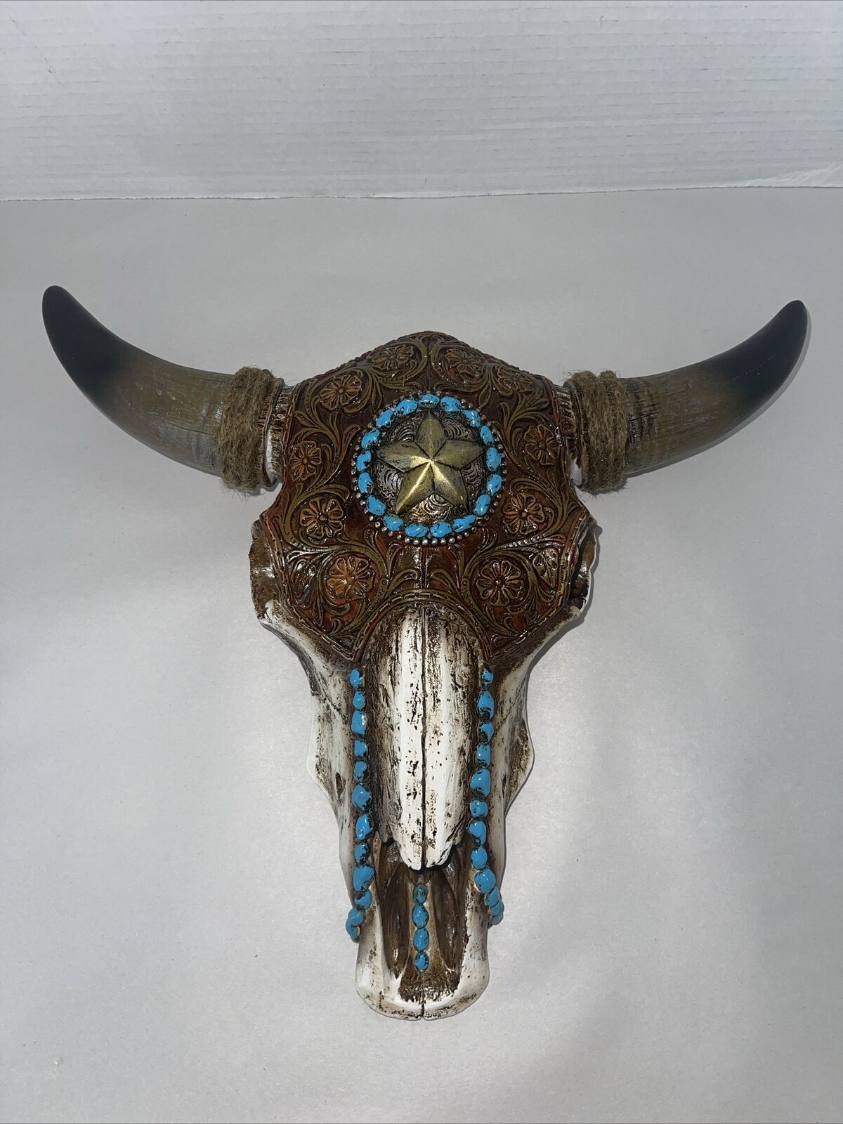 Steer Bison Skull Cow Aztec Sun Turquoise Mosaic Southwest Wall Decor 12x13x4”