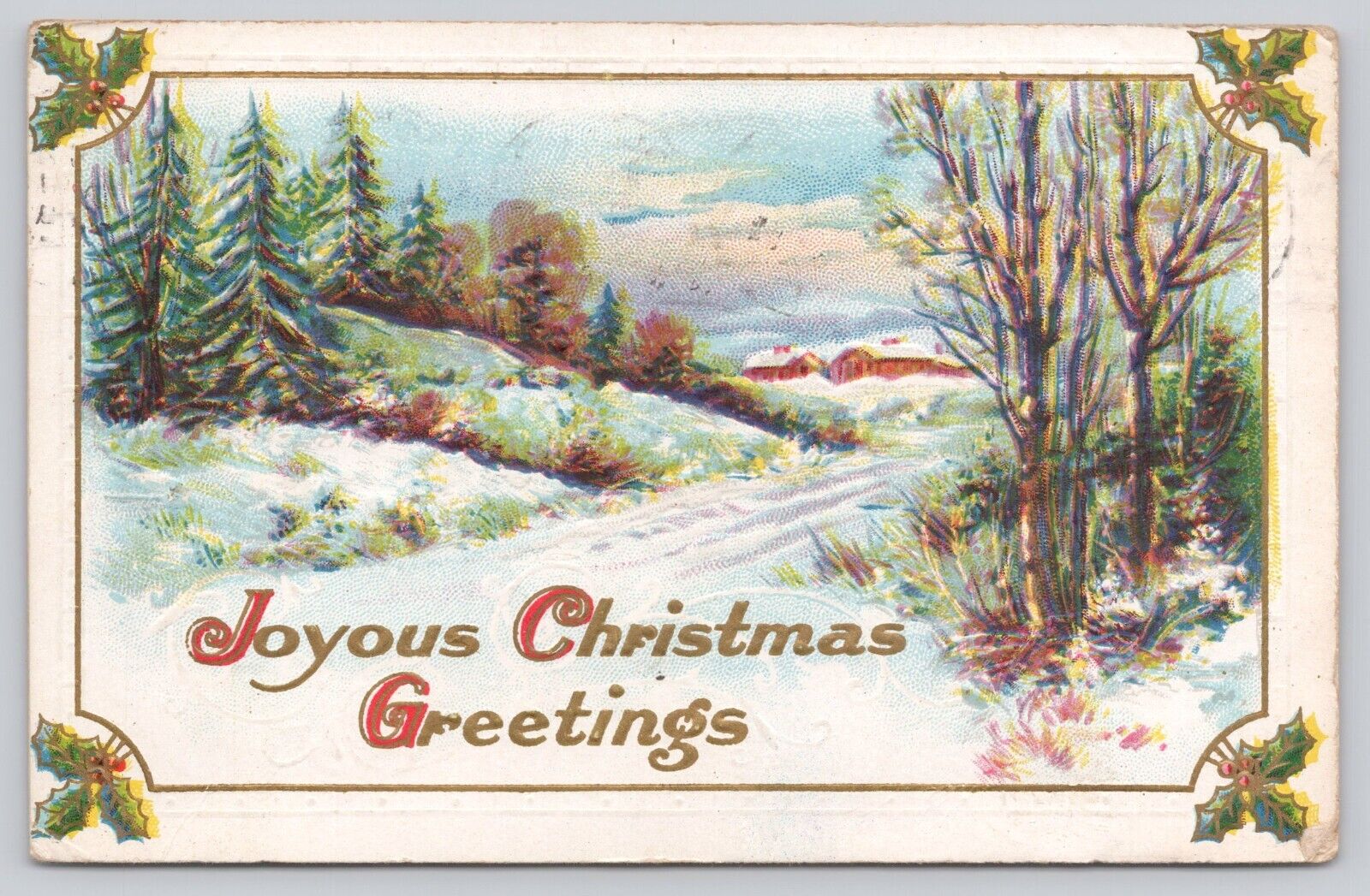 Postcard   Joyous Christmas Greetings Embossed Winter Scene 1915  (a1)