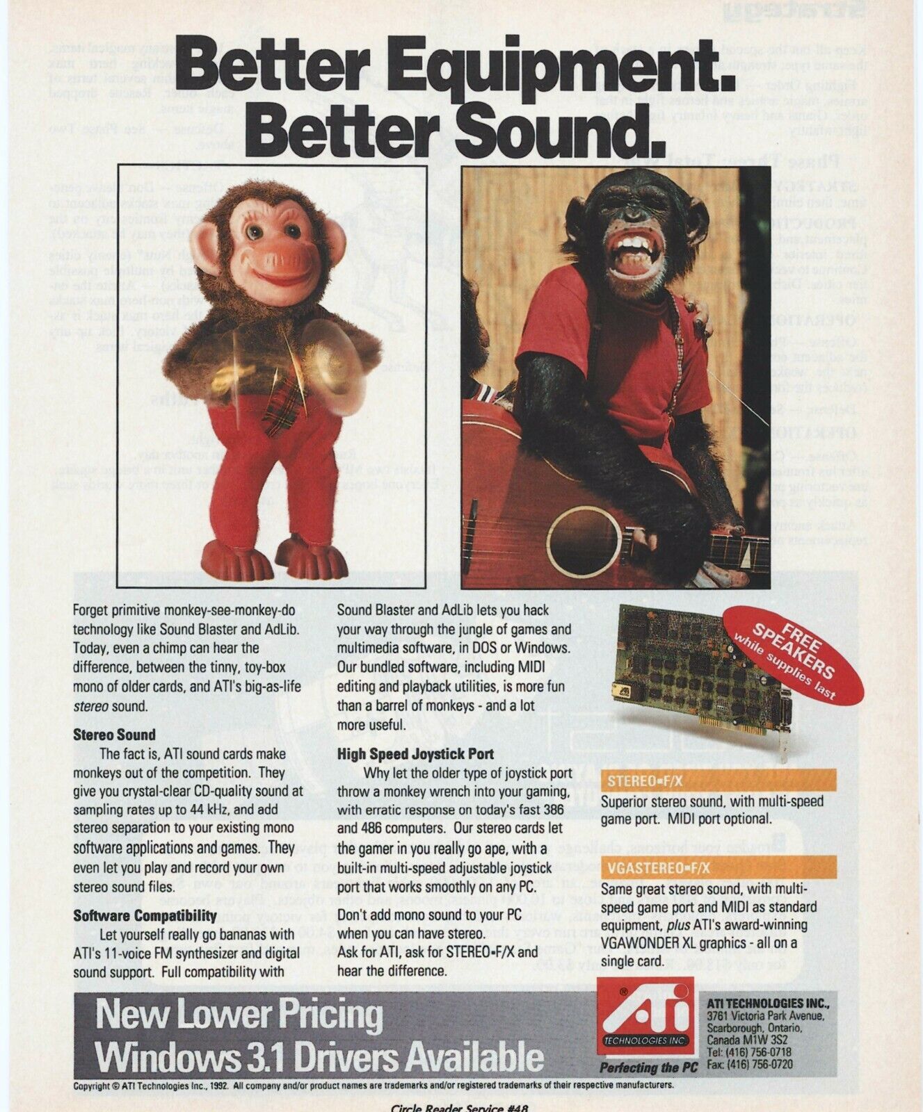 Vintage/Retro ATI Stereo F/X Sound Card Print Ad Promo 1992