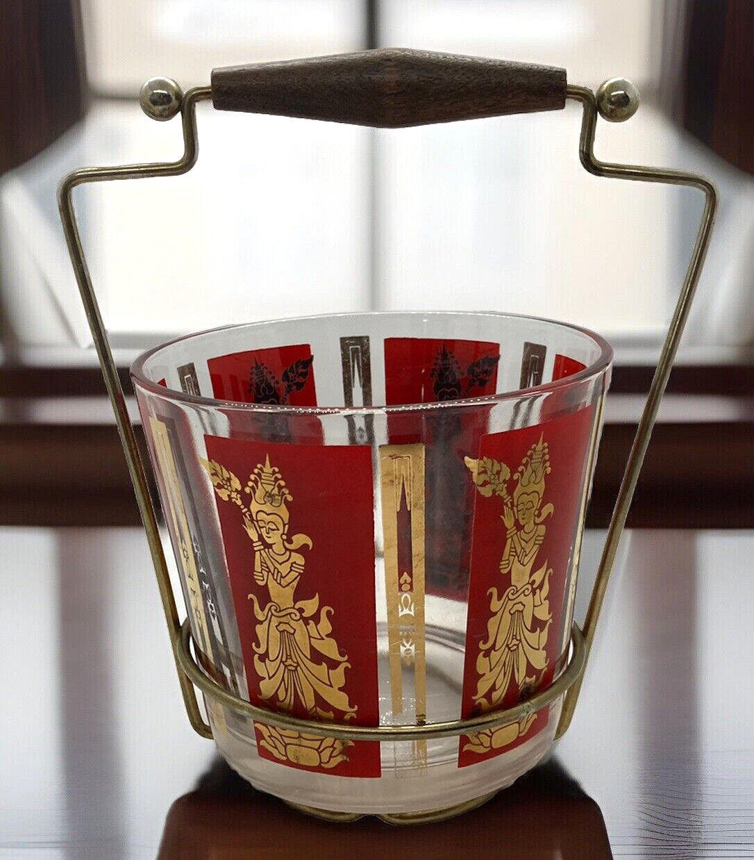 Vintage Thai Princess Goddess Dancer Red Gold Glass Ice Bucket with Carrier