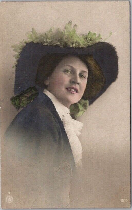 Vintage 1910 Pretty Lady RPPC Postcard Large Hat / Hand-Colored Real Photo