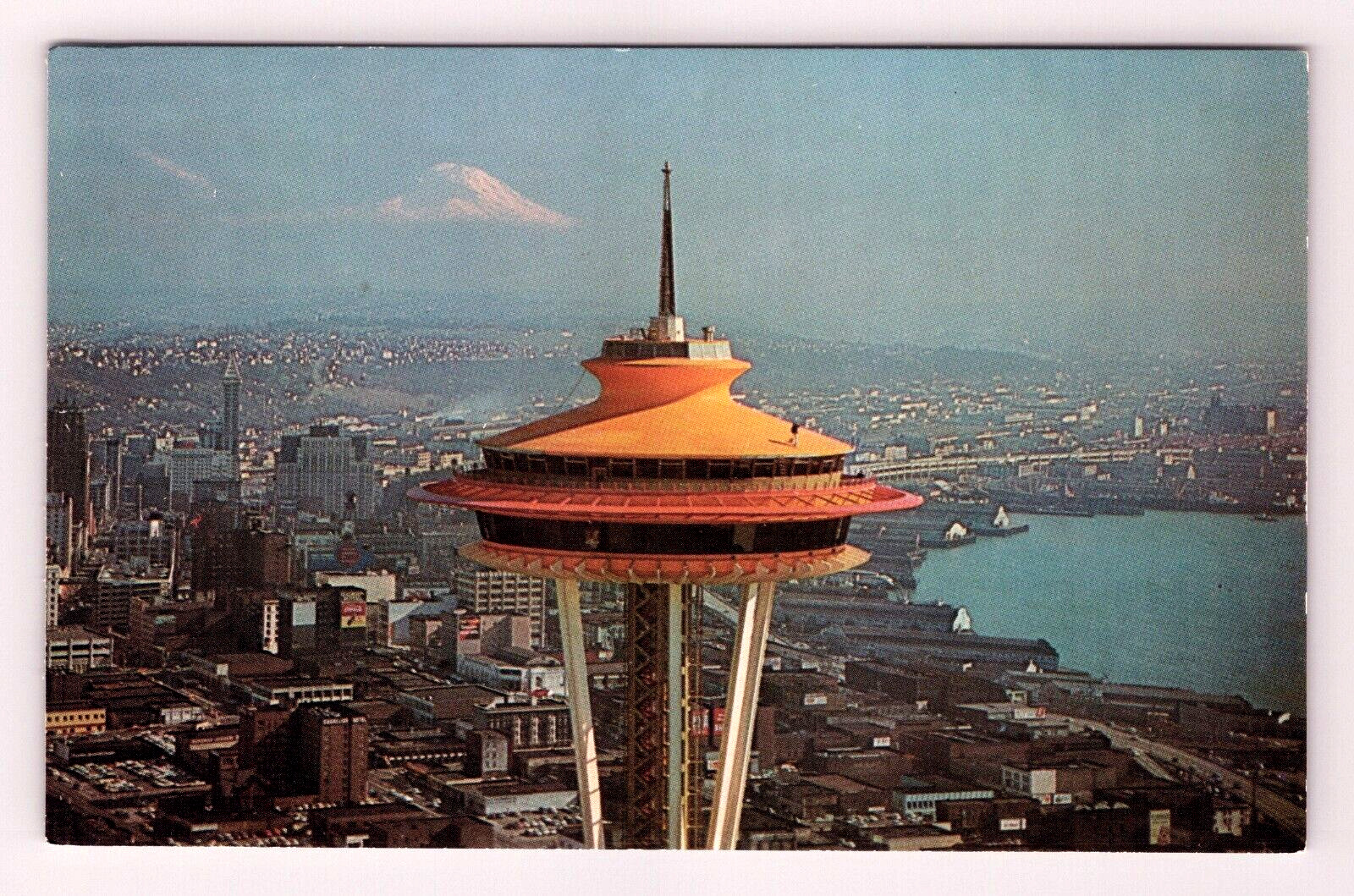 Postcard WA Space Needle Restaurant Skyline Aerial View Seattle Washington