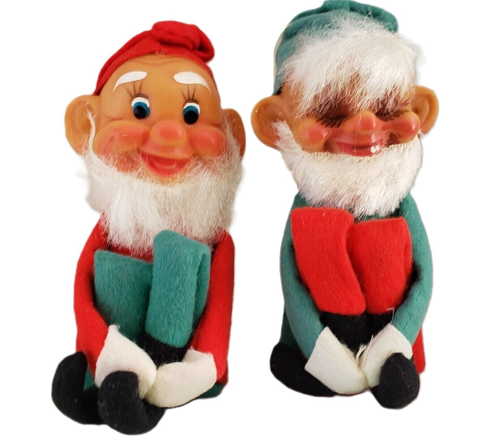 2 Vintage Knee Hugger Pixie Elf Gnome Dwarf Ornaments Green Red Felt Fur Japan