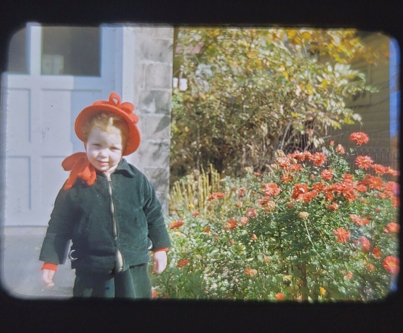 VTG 1949 Kodachrome Slide Red Border Little Carol Standing By Garage Autumn 49\'