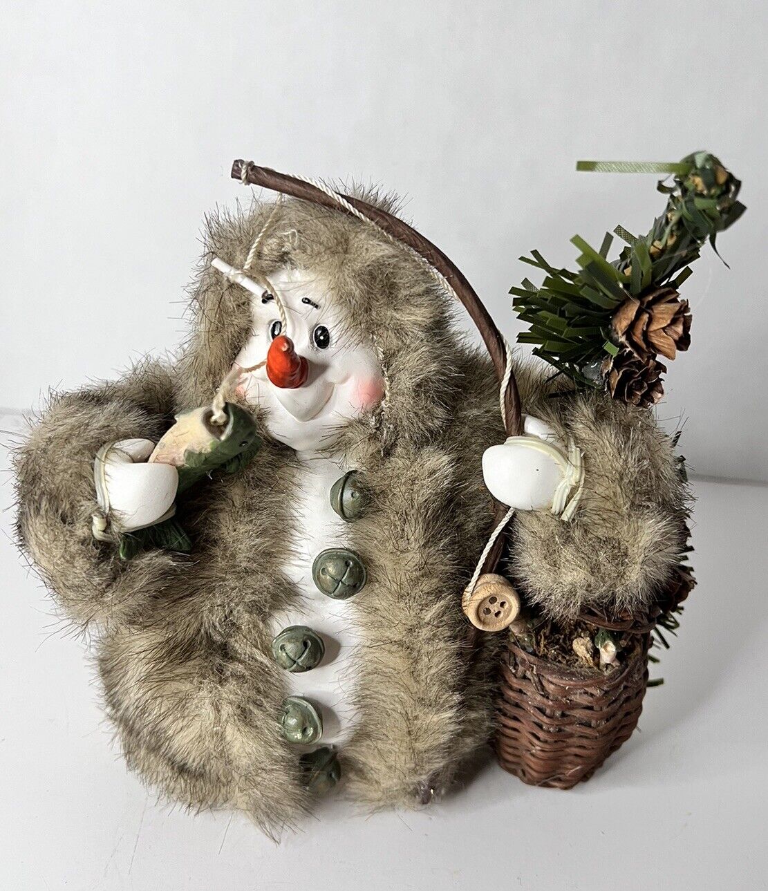 Christmas Snowman Fishing Figurine Wearing Faux Fur Coat Holiday Winter Decor