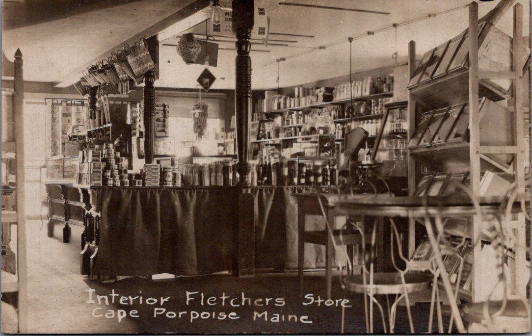 Fletchers Store Interior, CAPE PORPOISE, Maine Real Photo Postcard