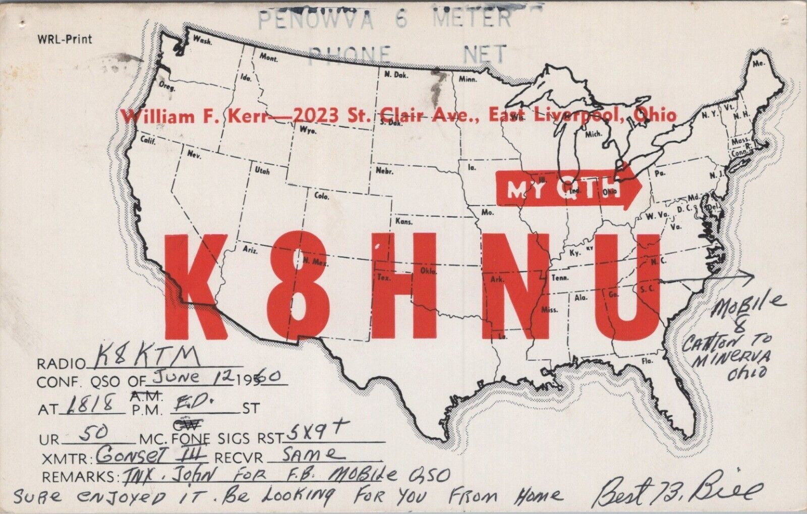 vintage ham radio QSL postcard K8HNU William F Kerr 1960 East Liverpool Ohio